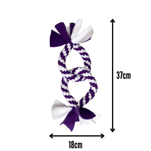 This is a dog toy for large dogs that features two circles looped together. Size is 37cm x 18cm