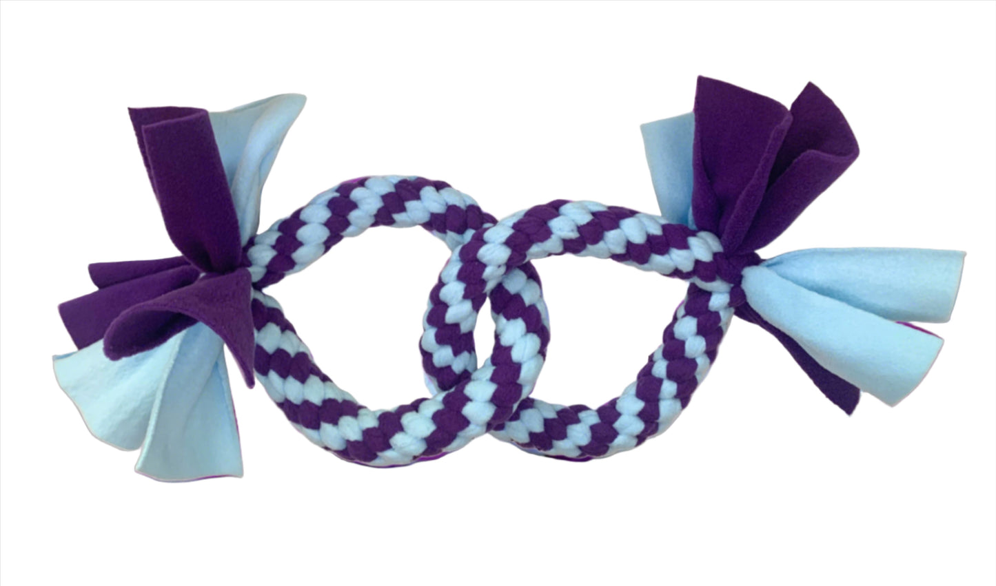 This is a dog toy for large dogs that features two circles looped together.