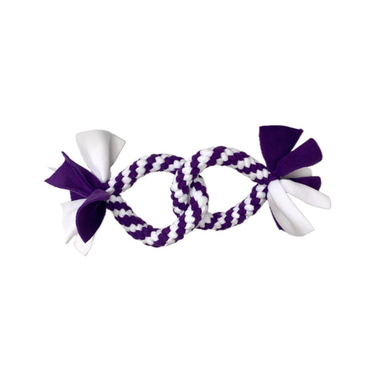 This is a dog toy for large dogs that features two circles looped together.