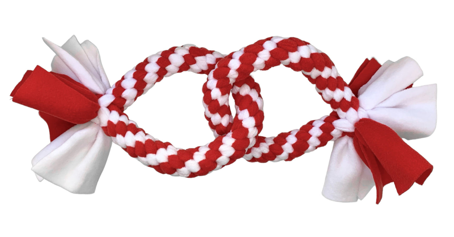 This is a dog toy for large dogs that features two circles looped together.