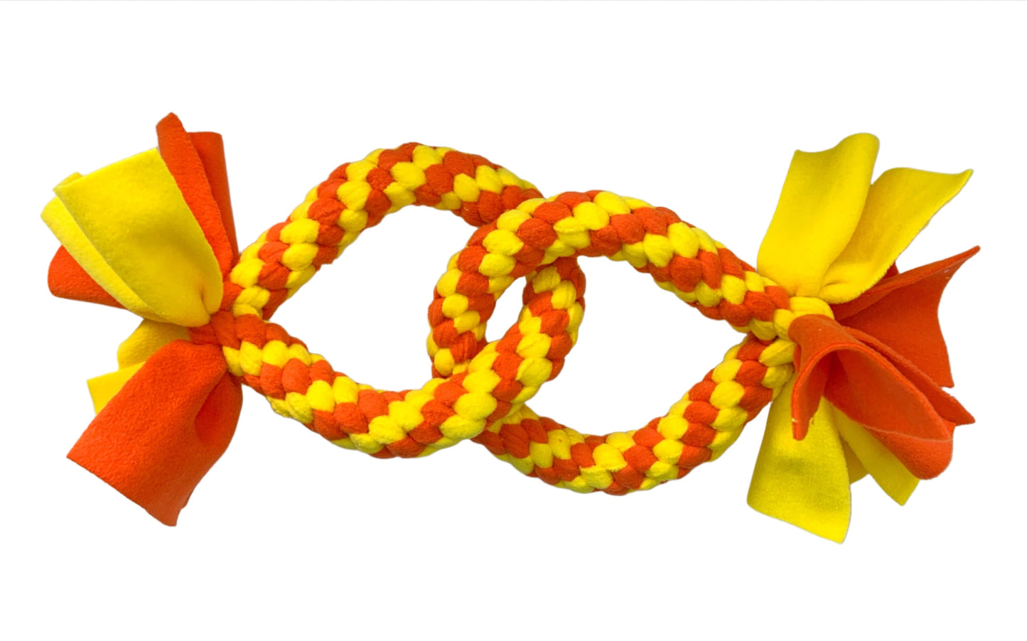 This is a dog toy for large dogs that features two circles looped together.