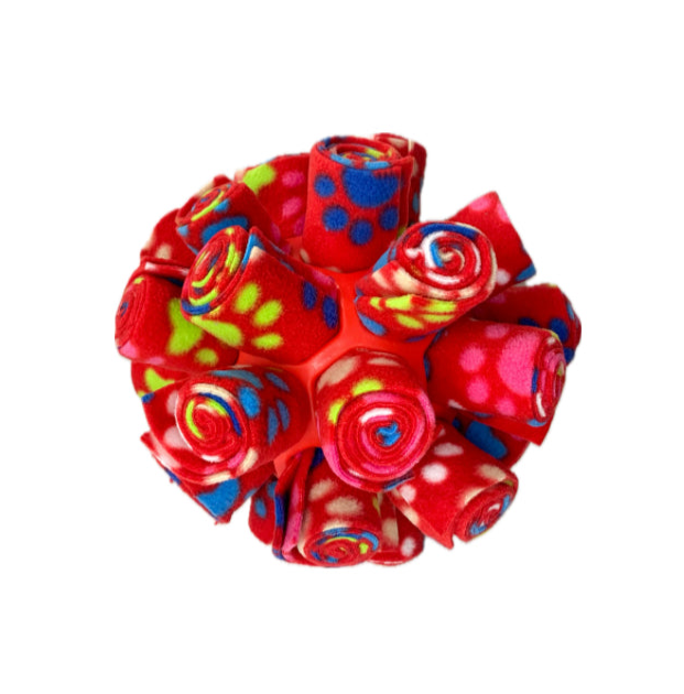 This is a snuffle enrichment cage ball, an enrichment game used for dog's to sniff their treats out.