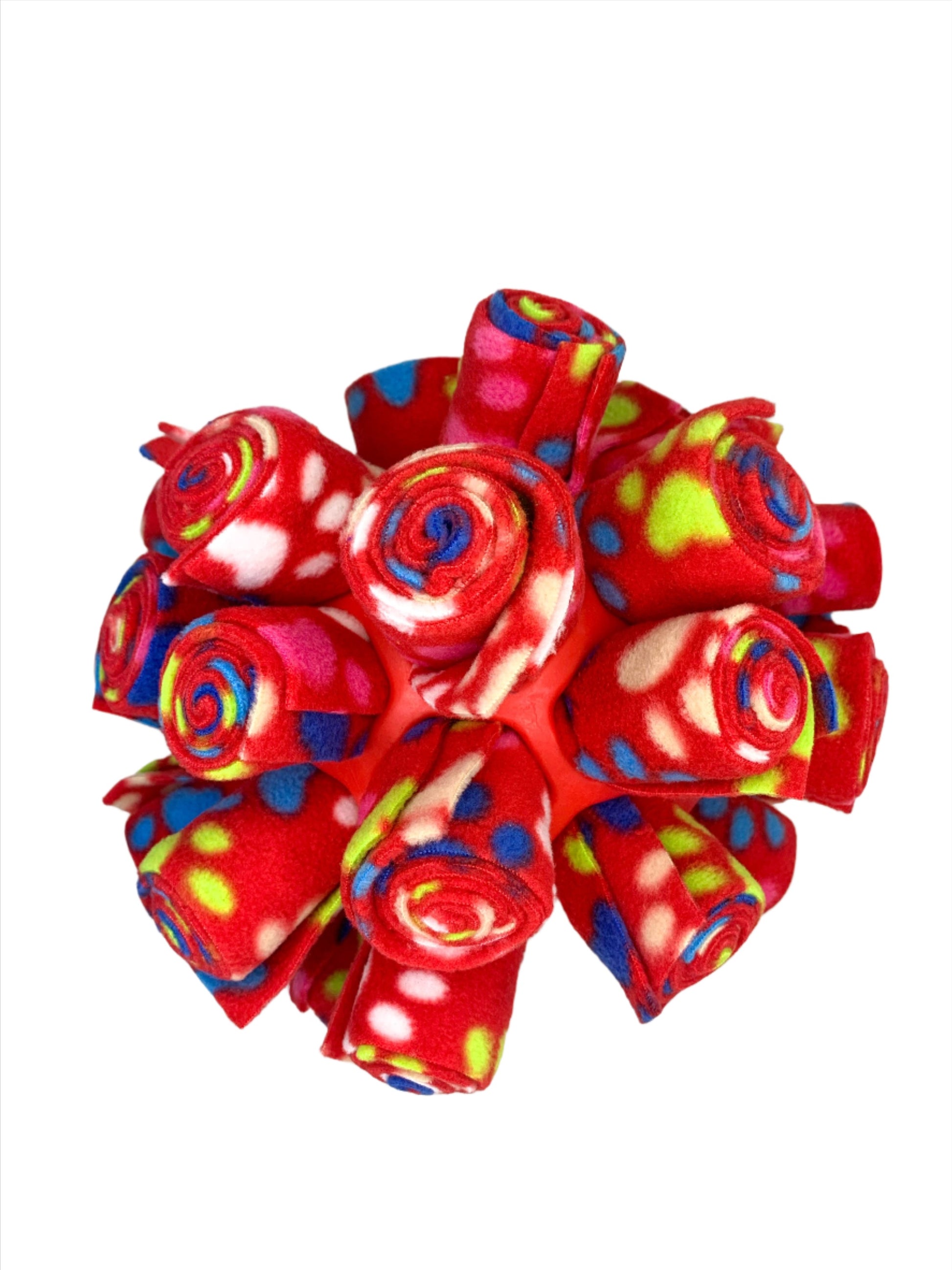 This is a snuffle enrichment cage ball, an enrichment game used for dog's to sniff their treats out.