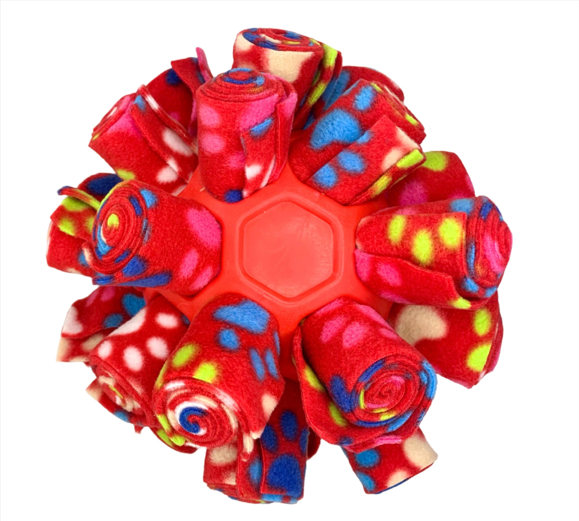 This is a snuffle enrichment cage ball, an enrichment game used for dog's to sniff their treats out.