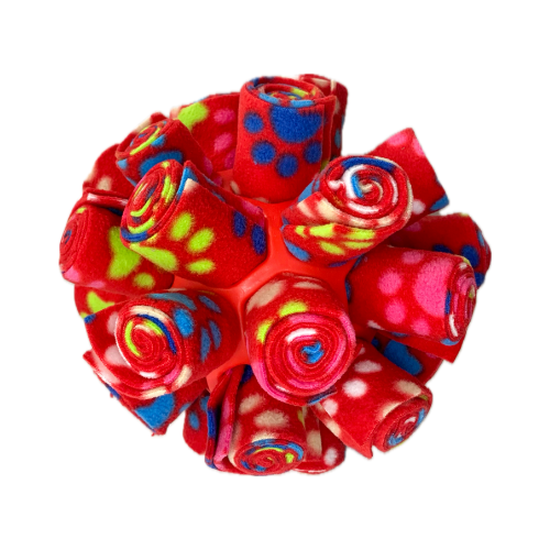This is a snuffle enrichment cage ball, an enrichment game used for dog's to sniff their treats out.