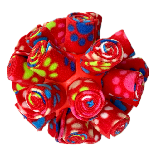 This is a snuffle enrichment cage ball, an enrichment game used for dog's to sniff their treats out.